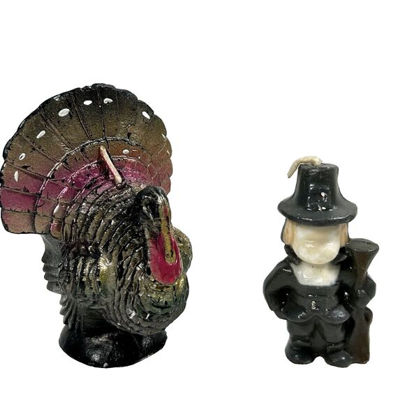 Set of 2 Vintage Candles Gurley Candle Co. Turkey Pilgrim Thanksgiving Fall - Picture 1 of 6